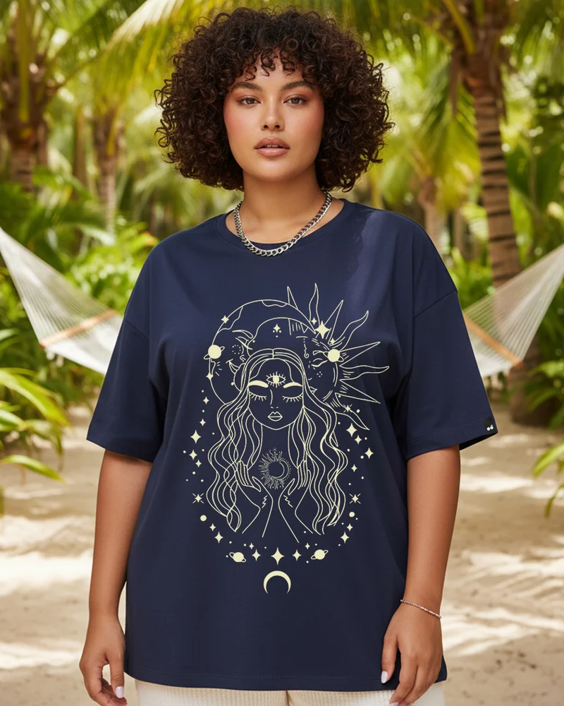 بيواكوف Women's Blue Stardust Soul Graphic Printed Oversized Plus Size T-shirt